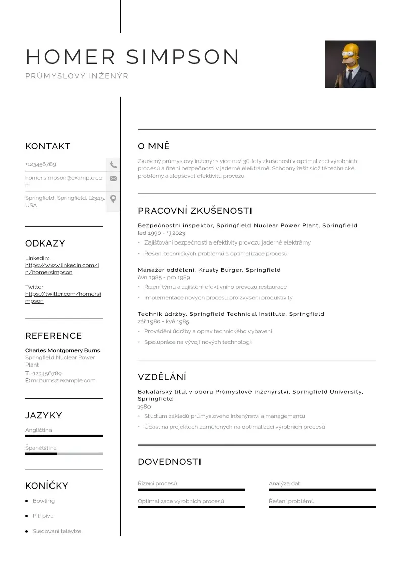 Vienkārša Prumyslovy inzenyr zivotopis CV piemērs