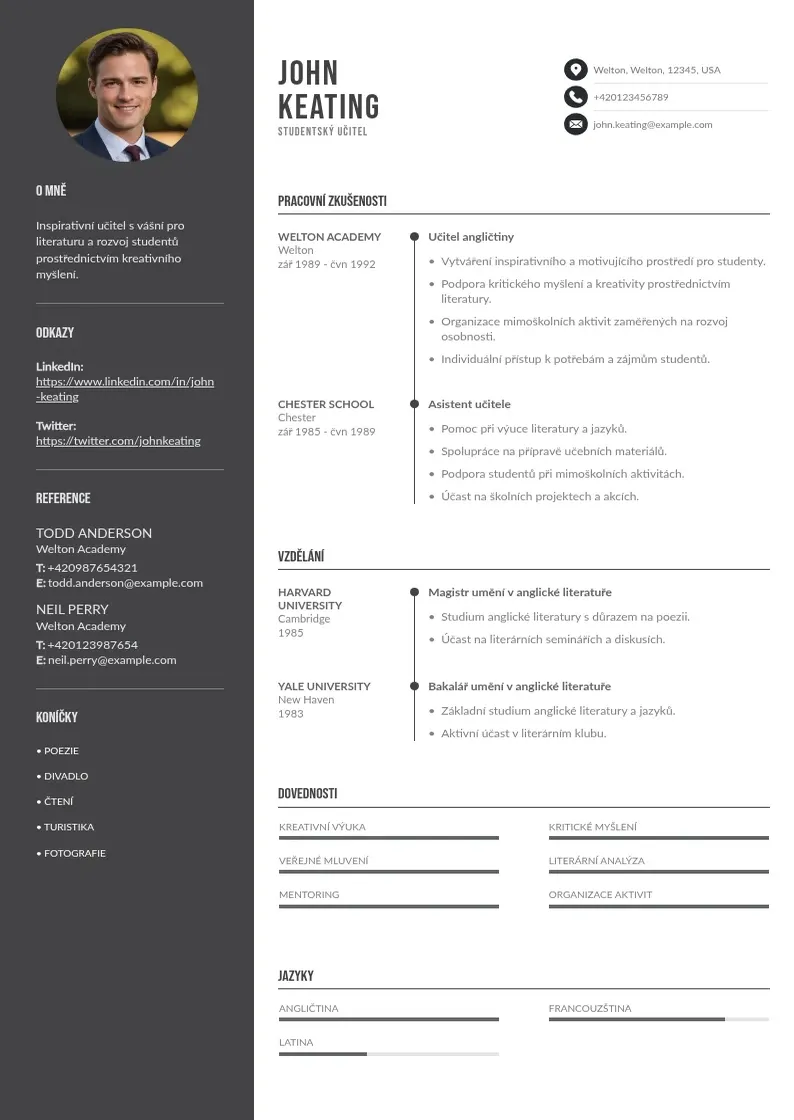 Divu kolonnu Studentsky ucitel zivotopis CV piemērs