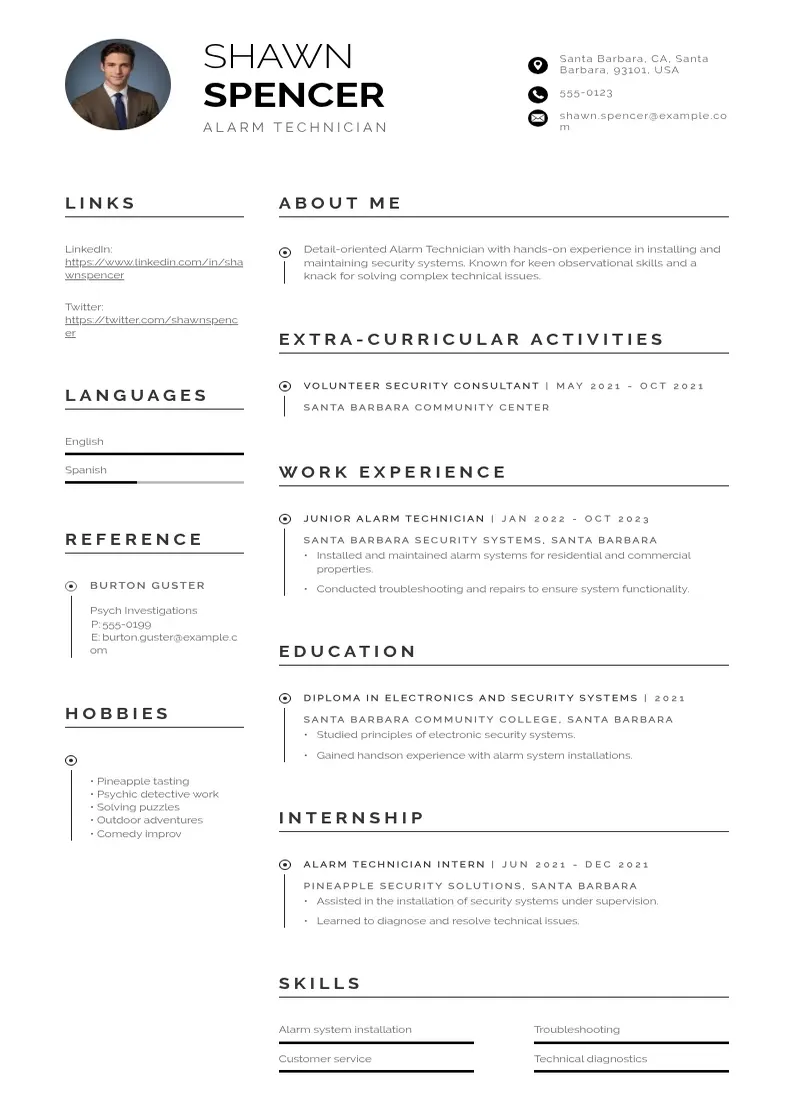 professional Alarm Technician  resume template