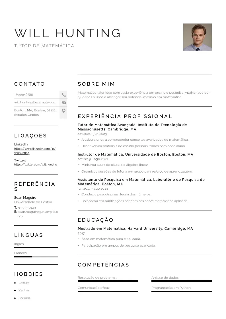 Exemplo de currículo simples de De tutor de matematica