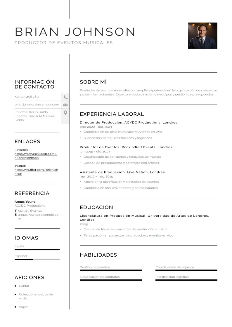two column productora-de-eventos-musicales resume example