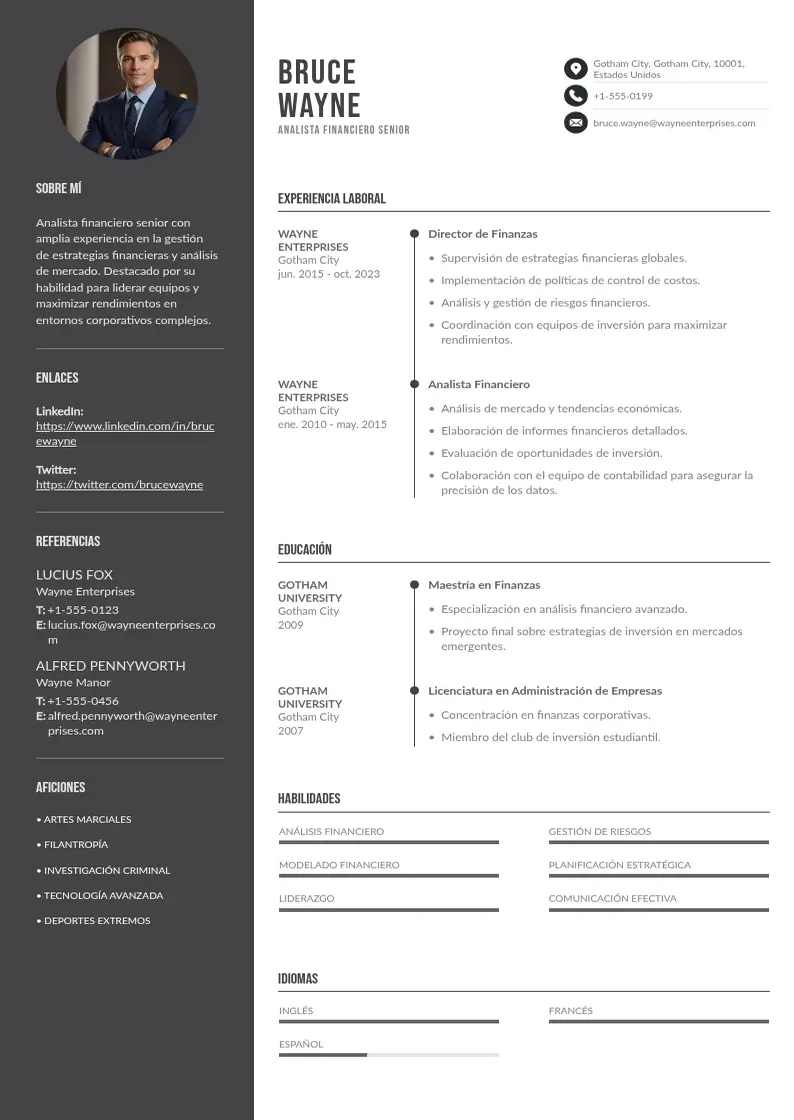 two column cv-analista-financiero-senior resume example