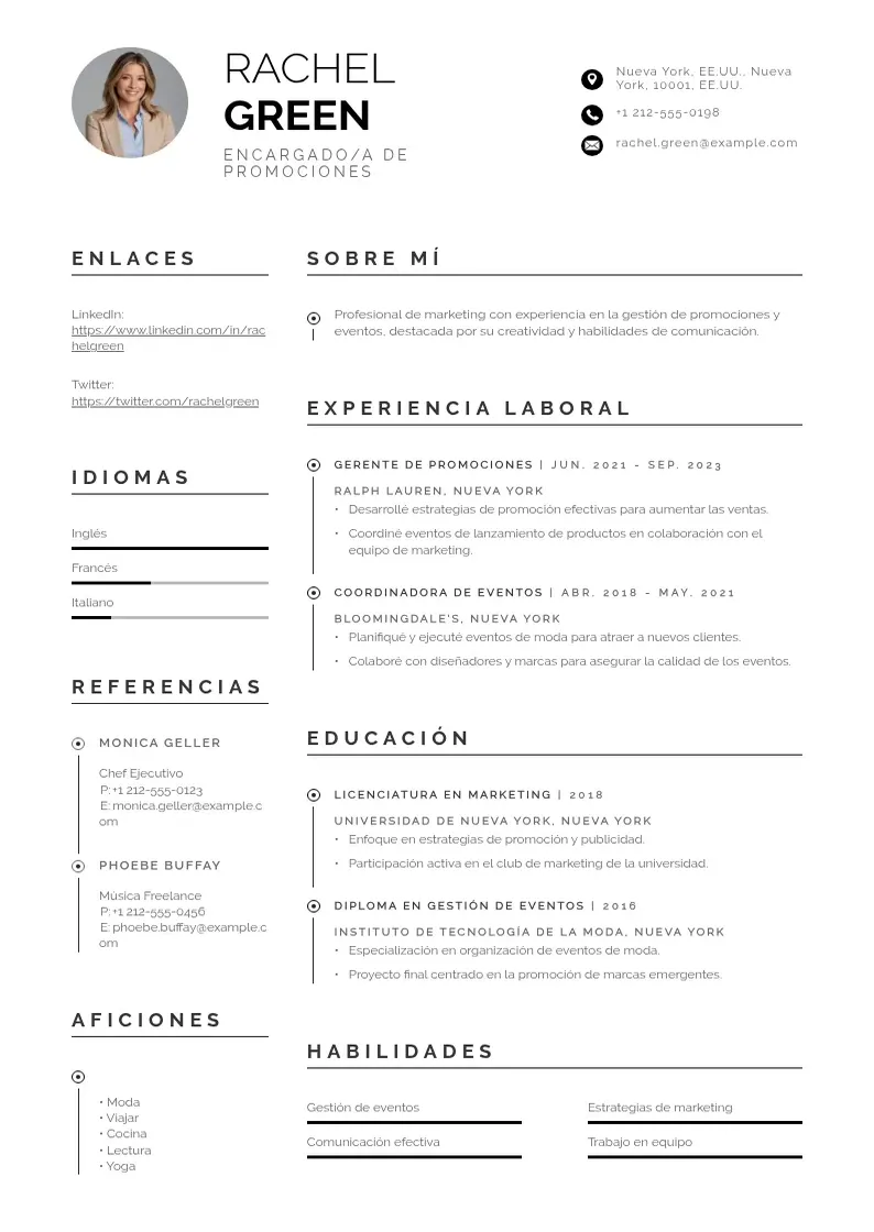 two column encargadoa-de-promociones resume example