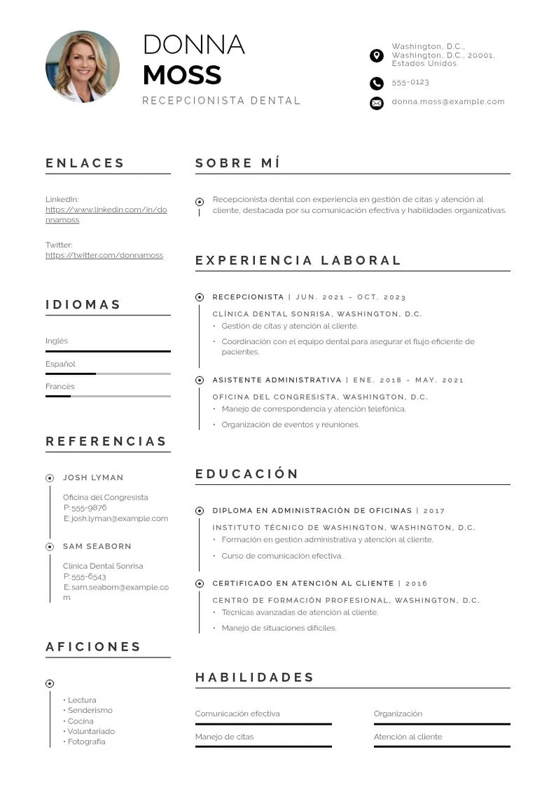 two column cv-recepcionista-dental resume example