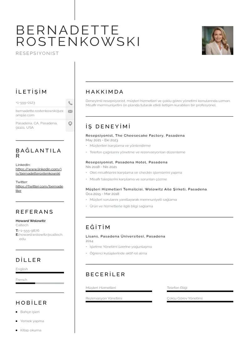 Vienkārša Resepsiyonist CV piemērs