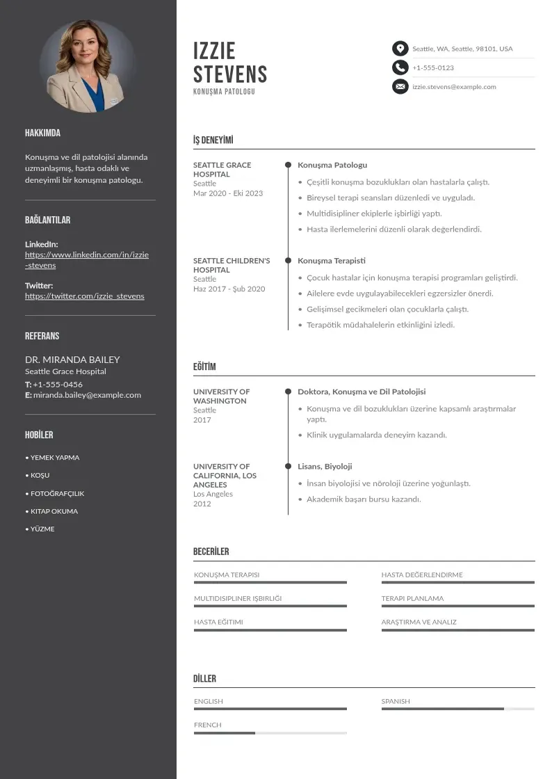 Divu kolonnu Konuşma Patologu  CV piemērs