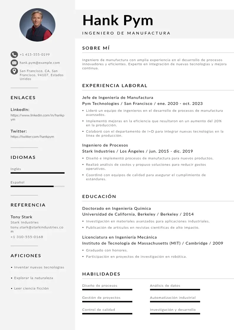 two column cv-ingeniero-de-manufactura resume example