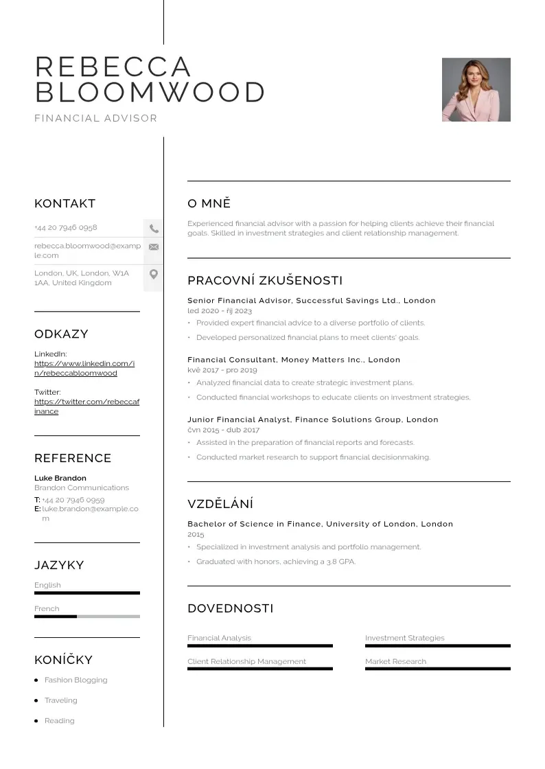 Vienkārša Financniho poradce zivotopis CV piemērs