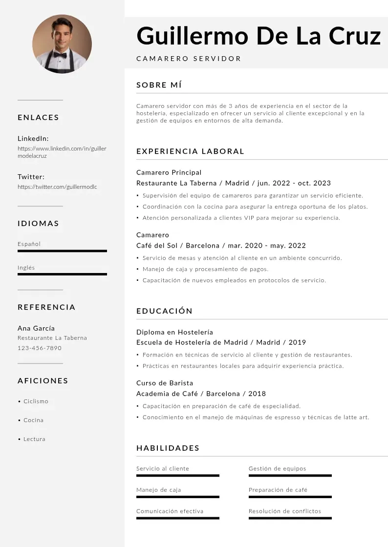 two column cv-camarero-servidor resume example