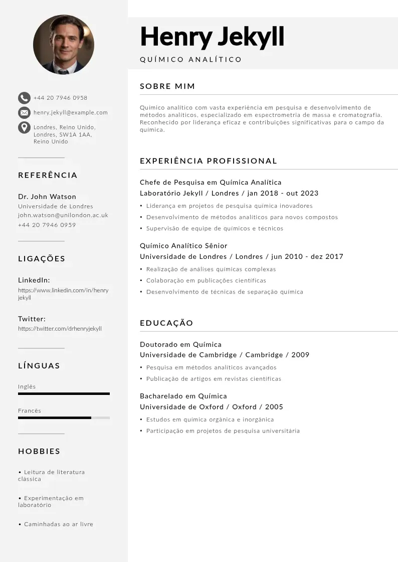 Modelo de currículo moderno de De quimico analitico