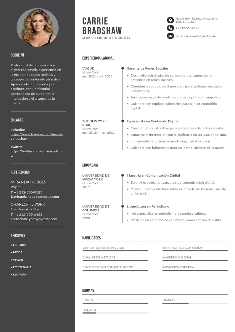 two column cv-administrador-de-redes-sociales resume example