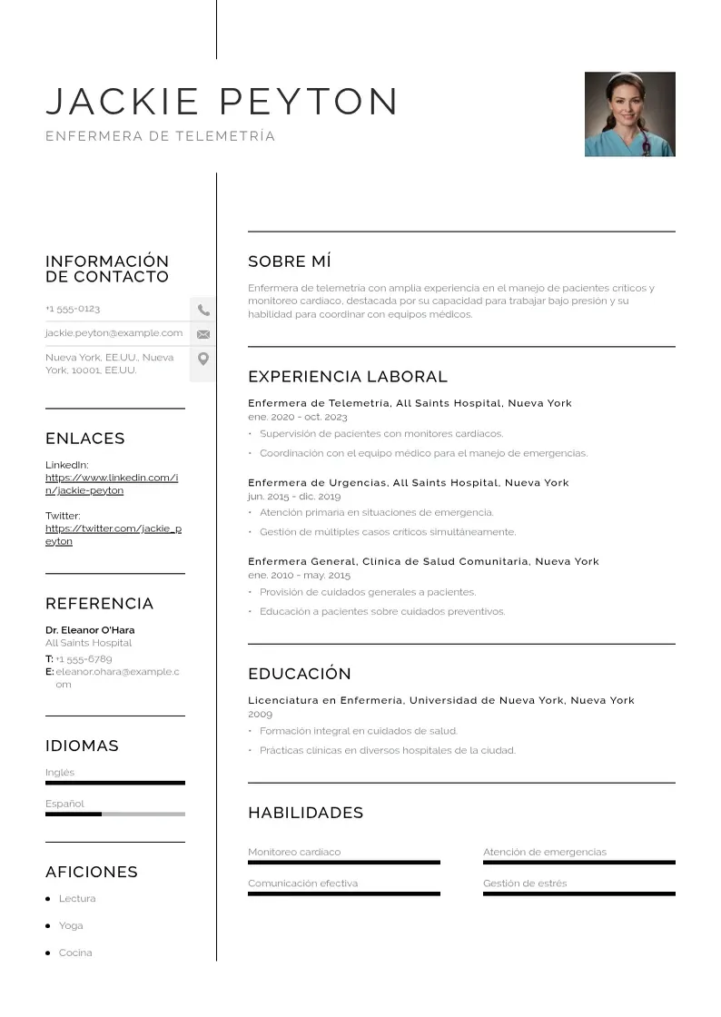 two column cv-enfermera-de-telemetria resume example