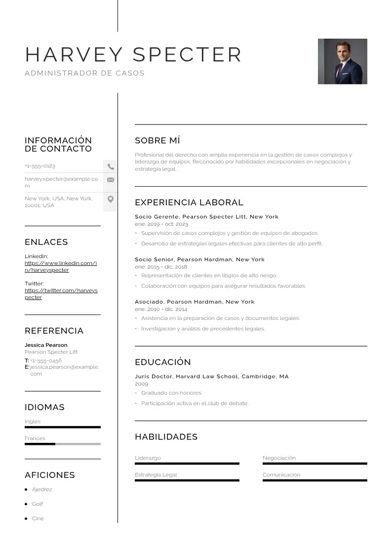 two column cv-administrador-de-casos resume example