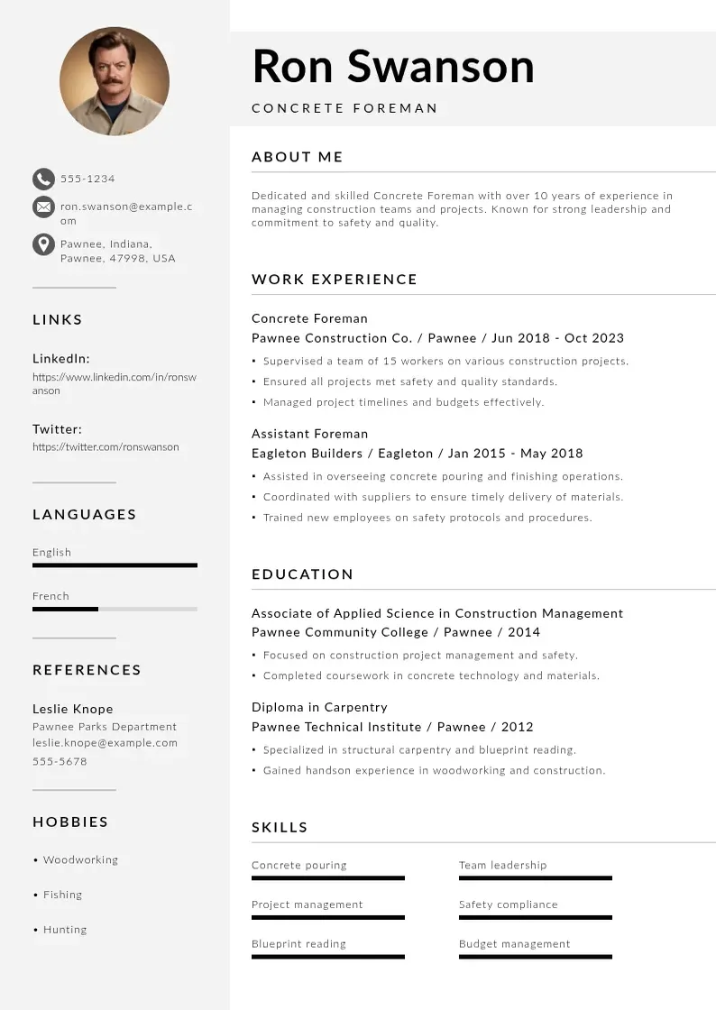 modern Concrete foreman resume resume template