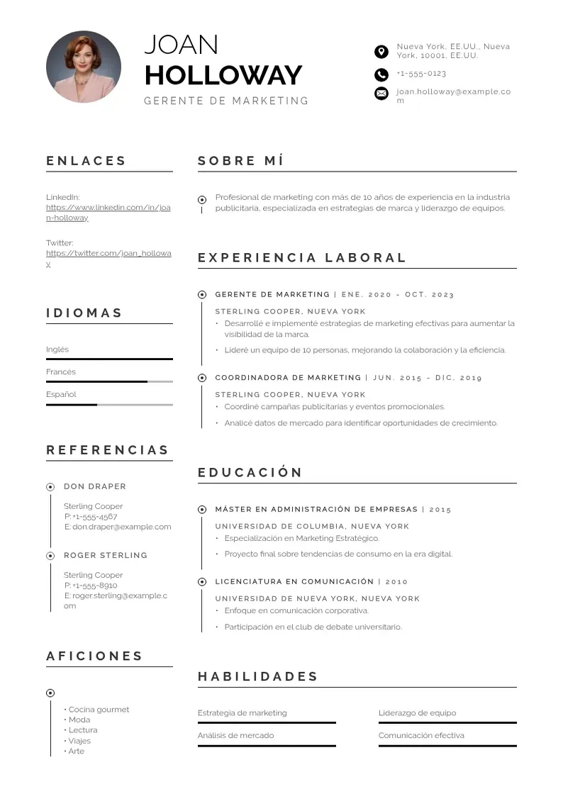 two column gerente-de-marketing resume example
