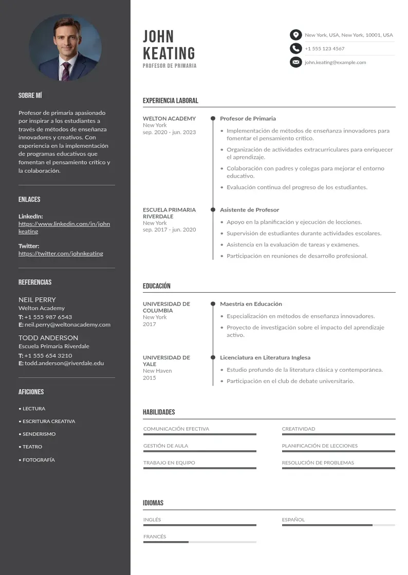 two column curriculum-de-profesor-de-primaria resume example