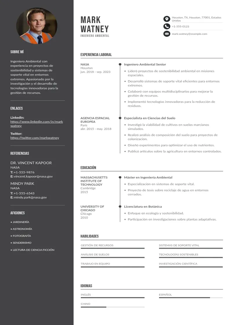 two column ingeniero-ambiental resume example