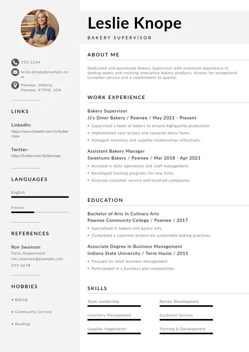 modern Bakery supervisor resume resume template