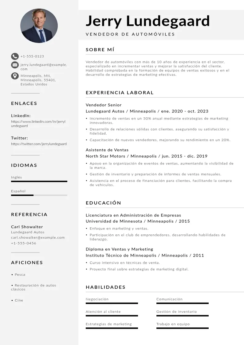 two column cv-vendedor-de-automoviles resume example
