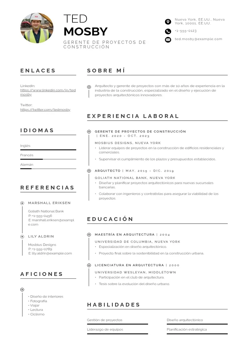 two column cv-gerente-de-proyectos-de-construccion resume example