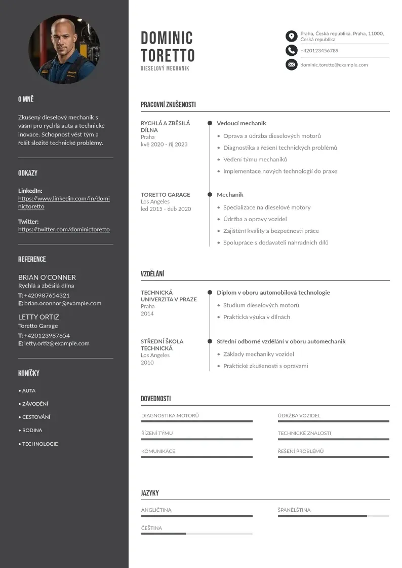 Divu kolonnu Dieselový mechanik  CV piemērs