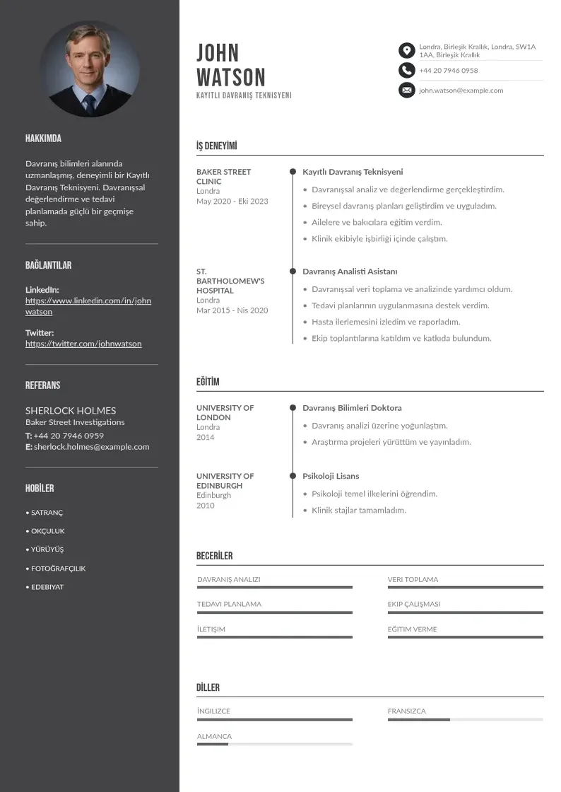Divu kolonnu Kayıtlı Davranış Teknisyeni  CV piemērs