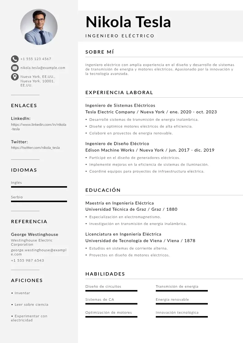 two column cv-ingeniero-electrico resume example