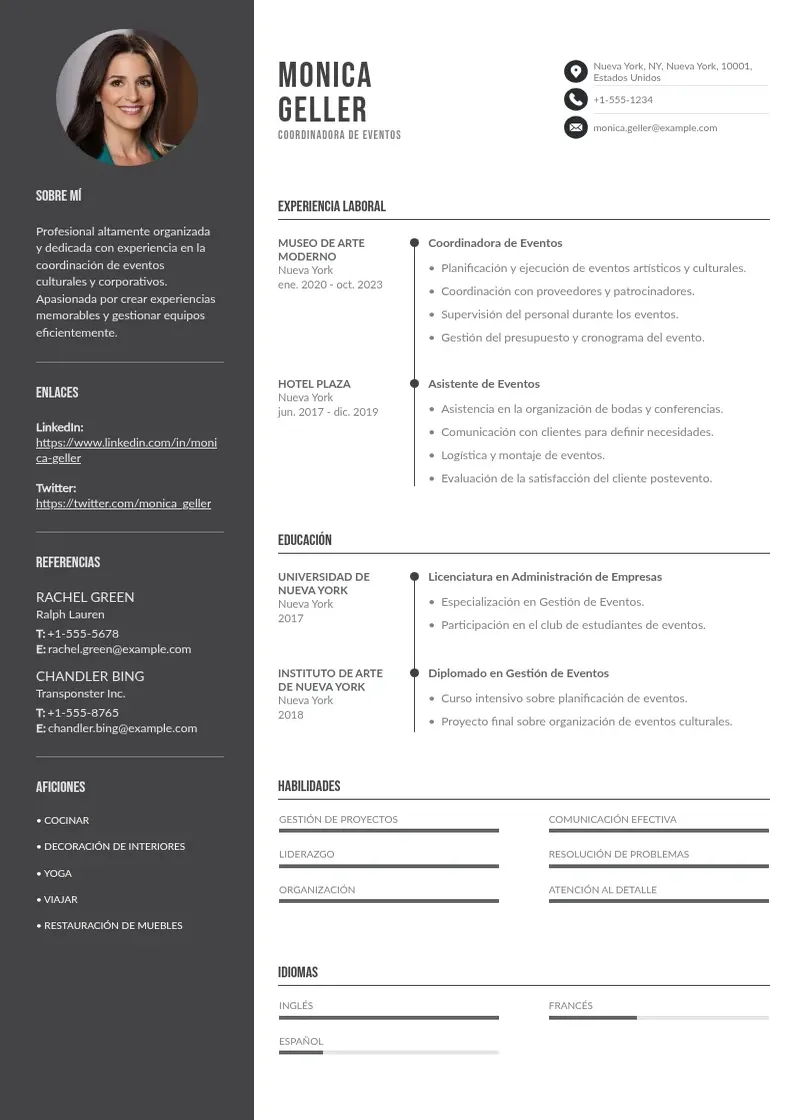 two column cv-coordinadora-de-eventos resume example