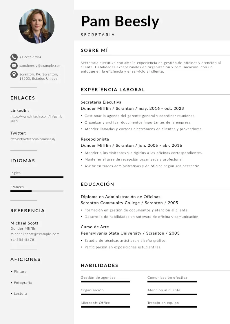 two column cv-secretario resume example