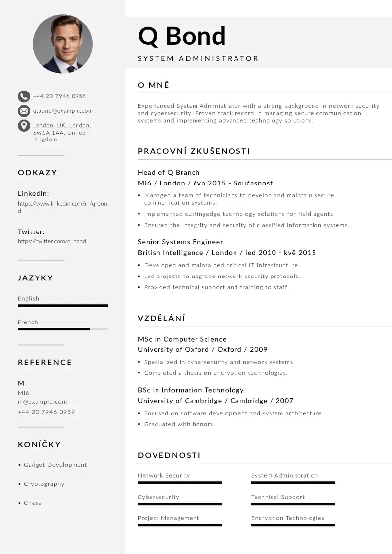 Mūsdienīga Spravce systemu zivotopis CV veidne