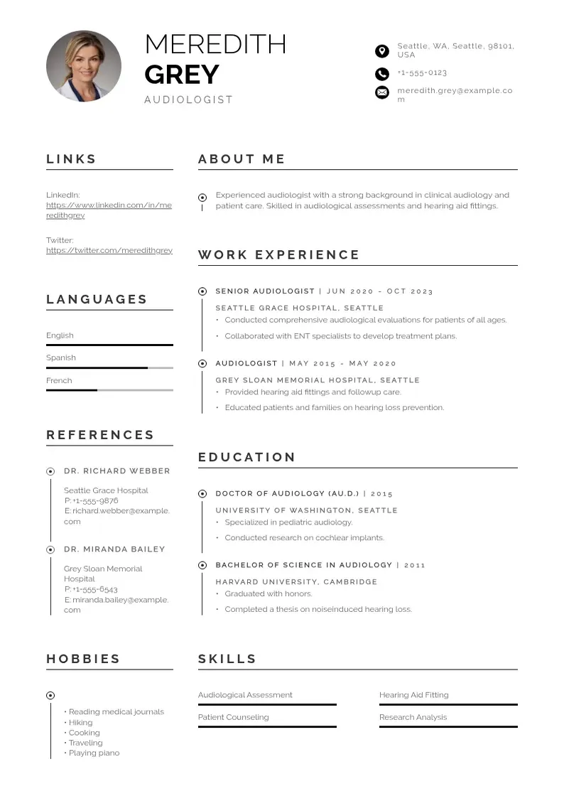 professional Audiologist resume resume template
