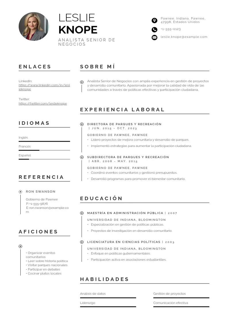 two column cv-analista-senior-de-negocios resume example
