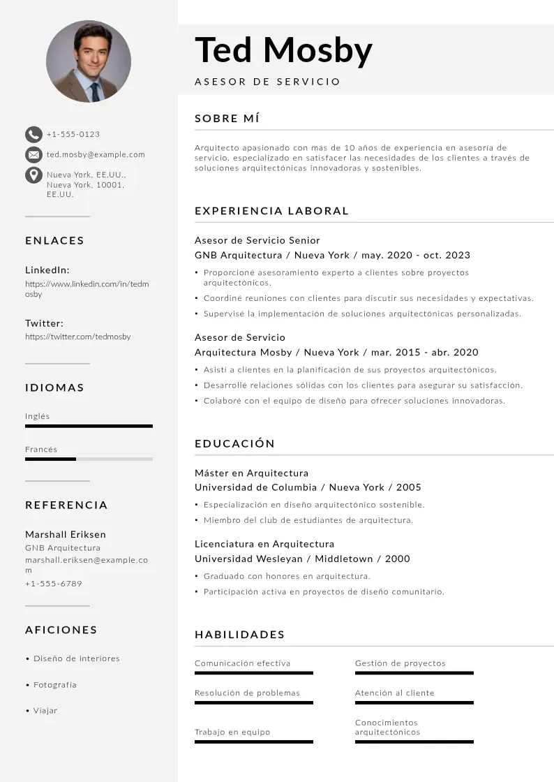two column cv-asesor-de-servicio resume example