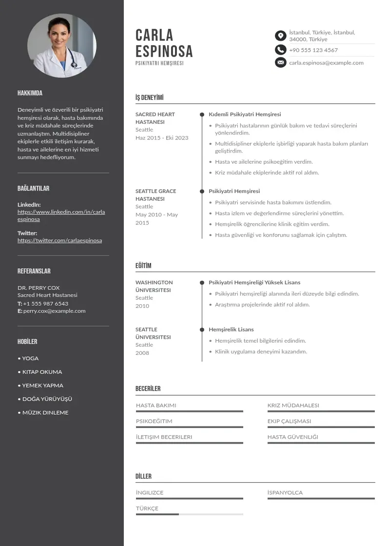 Divu kolonnu Psikiyatri Hemşiresi  CV piemērs