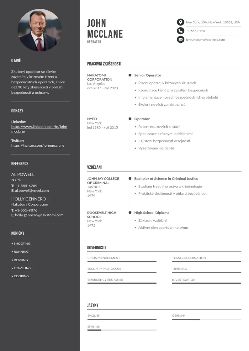 Divu kolonnu Operator zivotopis CV piemērs