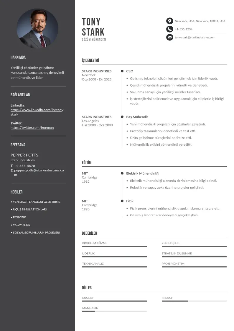 Divu kolonnu Çözüm Mühendisi  CV piemērs