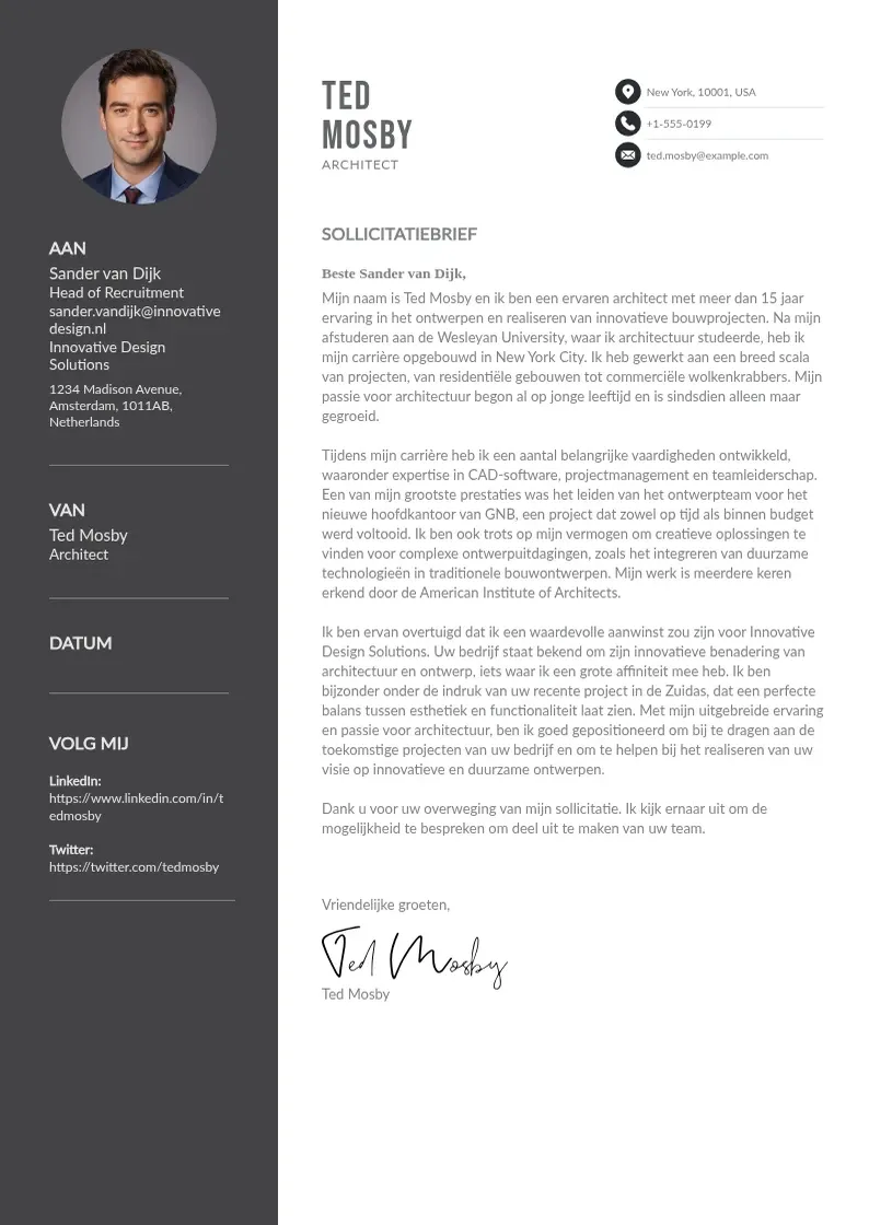 two column Dutch cover letter example