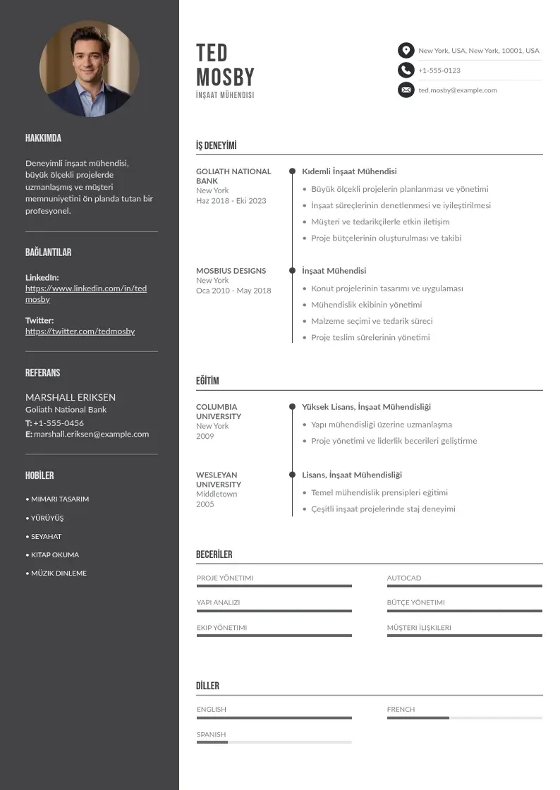 Divu kolonnu İnşaat mühendisi  CV piemērs