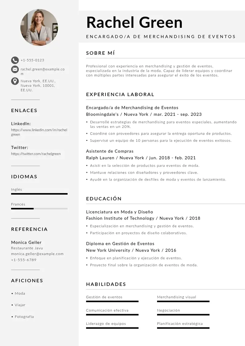 two column encargadoa-de-merchandising-de-eventos resume example
