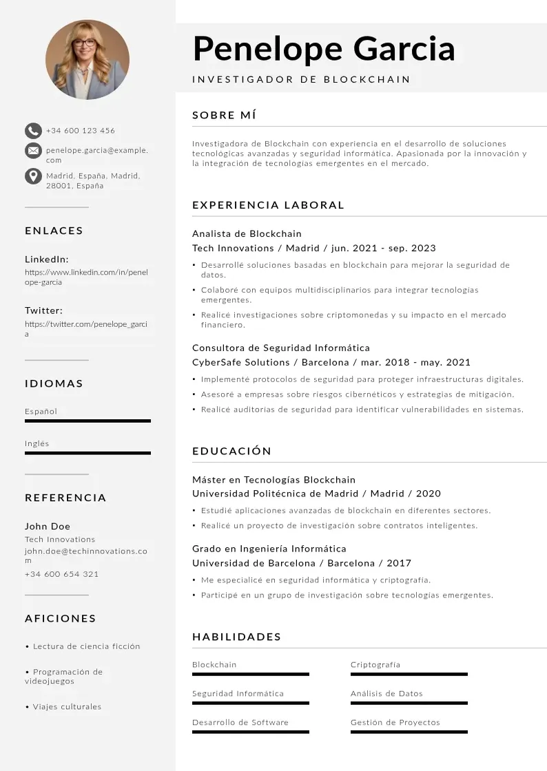 two column investigador-de-blockchain resume example