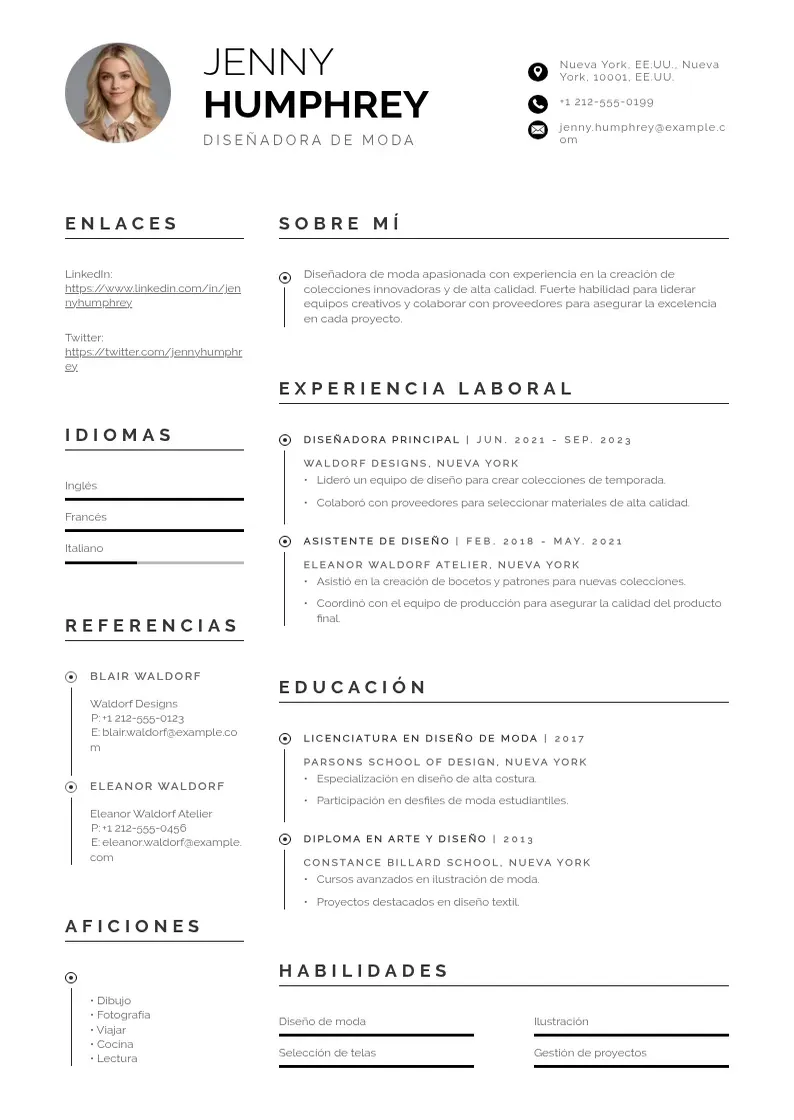 two column cv-disenador-de-moda resume example
