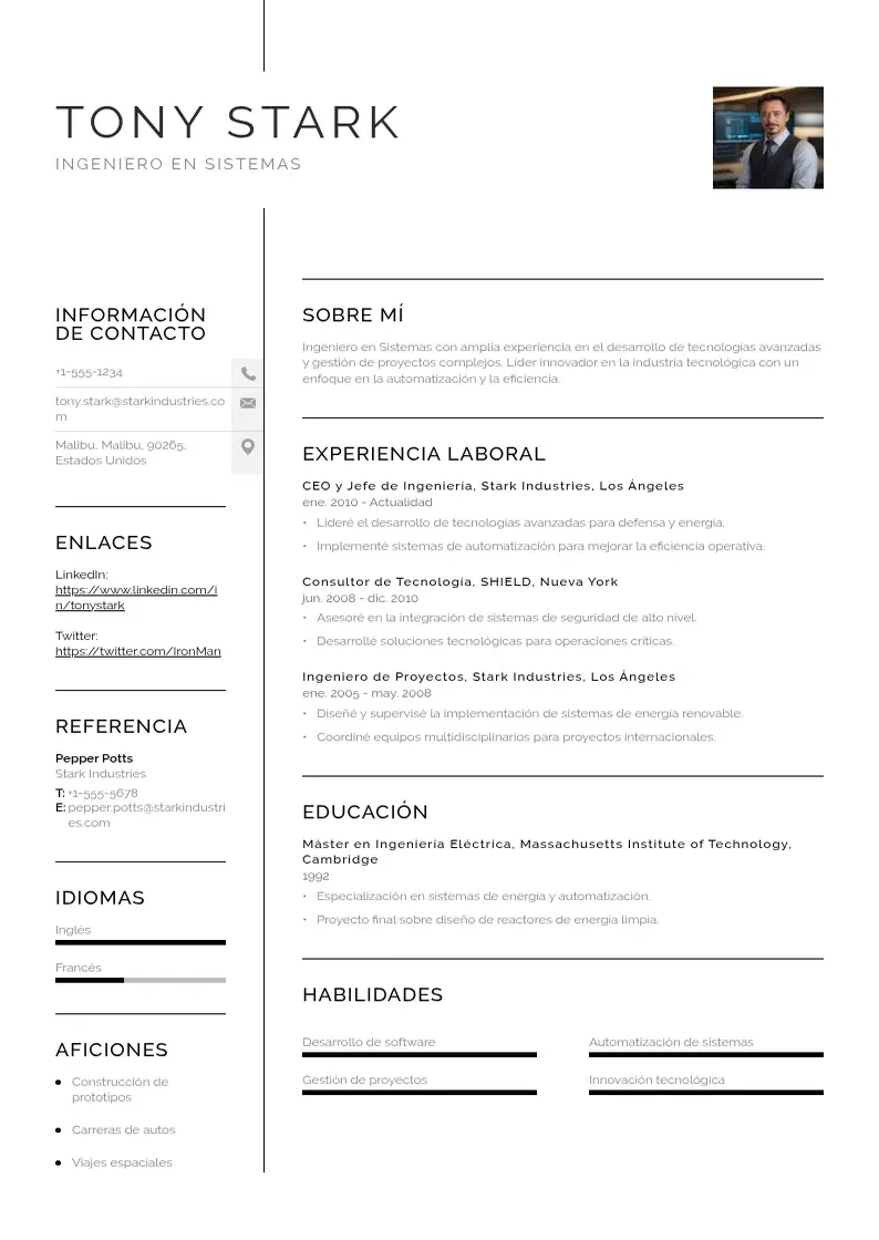 two column ingeniero-en-sistemas resume example