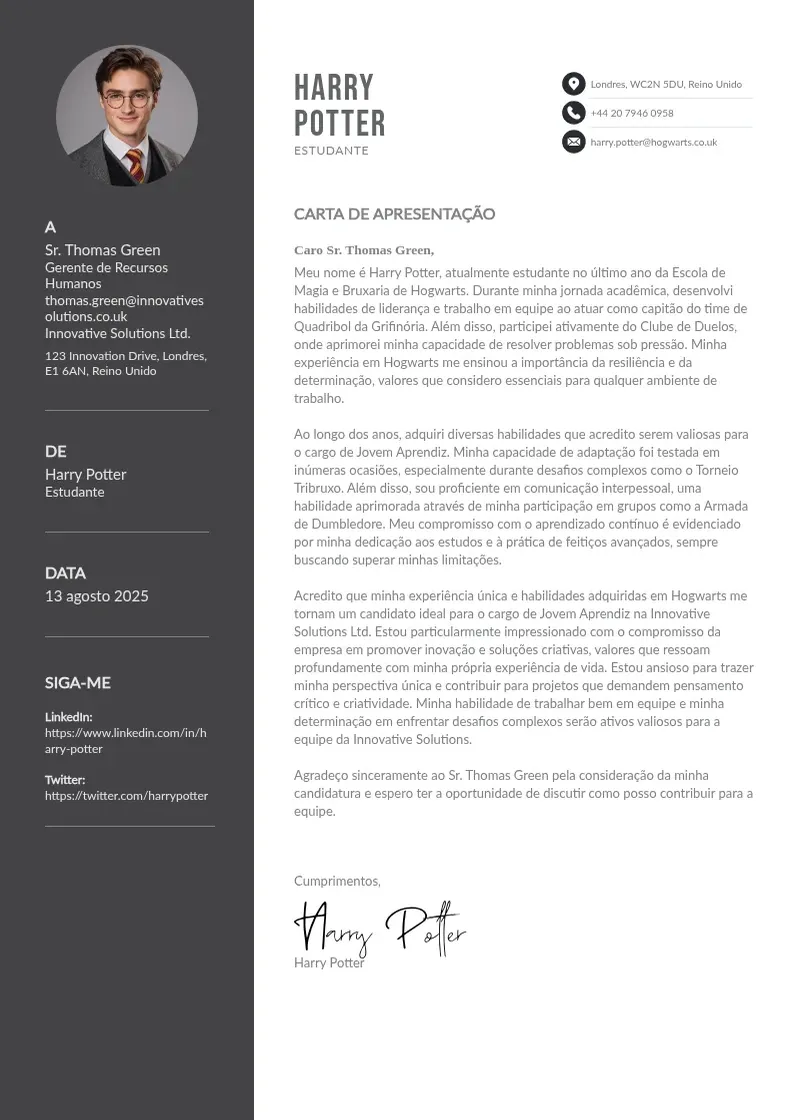 Exemplo de carta de apresentação de Jovem aprendiz em duas colunas