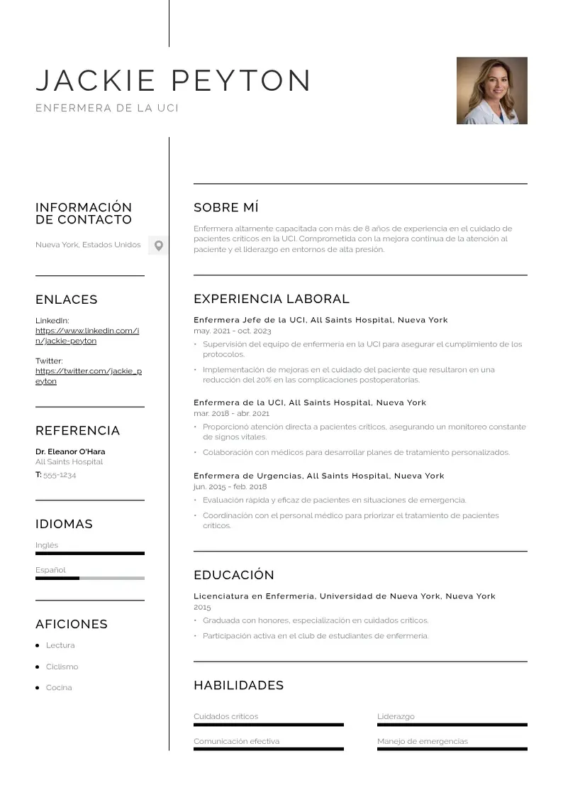 two column cv-enfermera-de-la-uci resume example