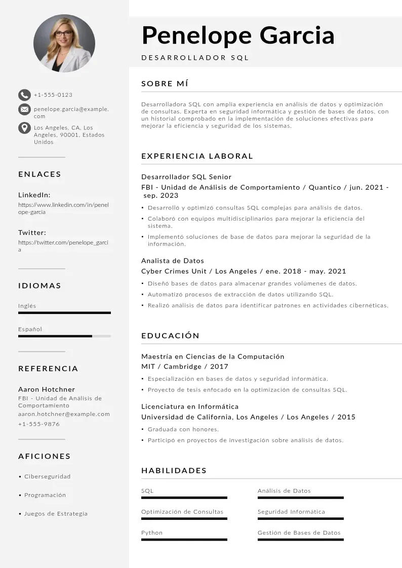 two column cv-desarrollador-sql resume example