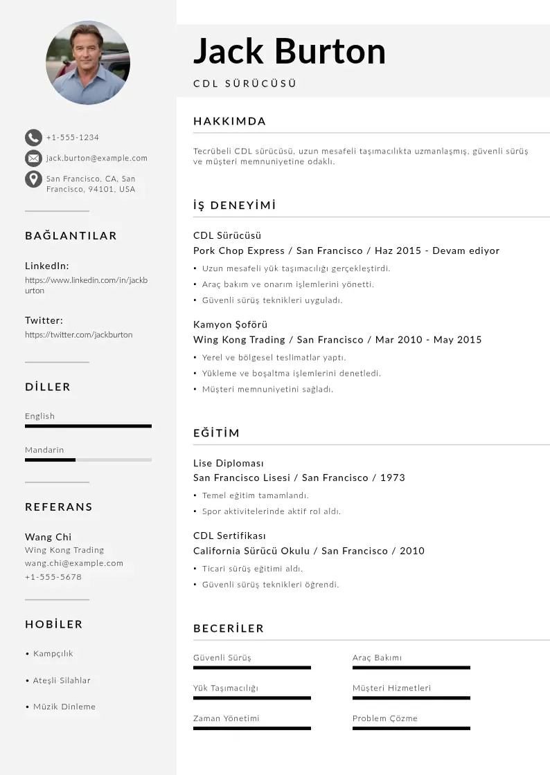 Mūsdienīga CDL Sürücüsü  CV veidne