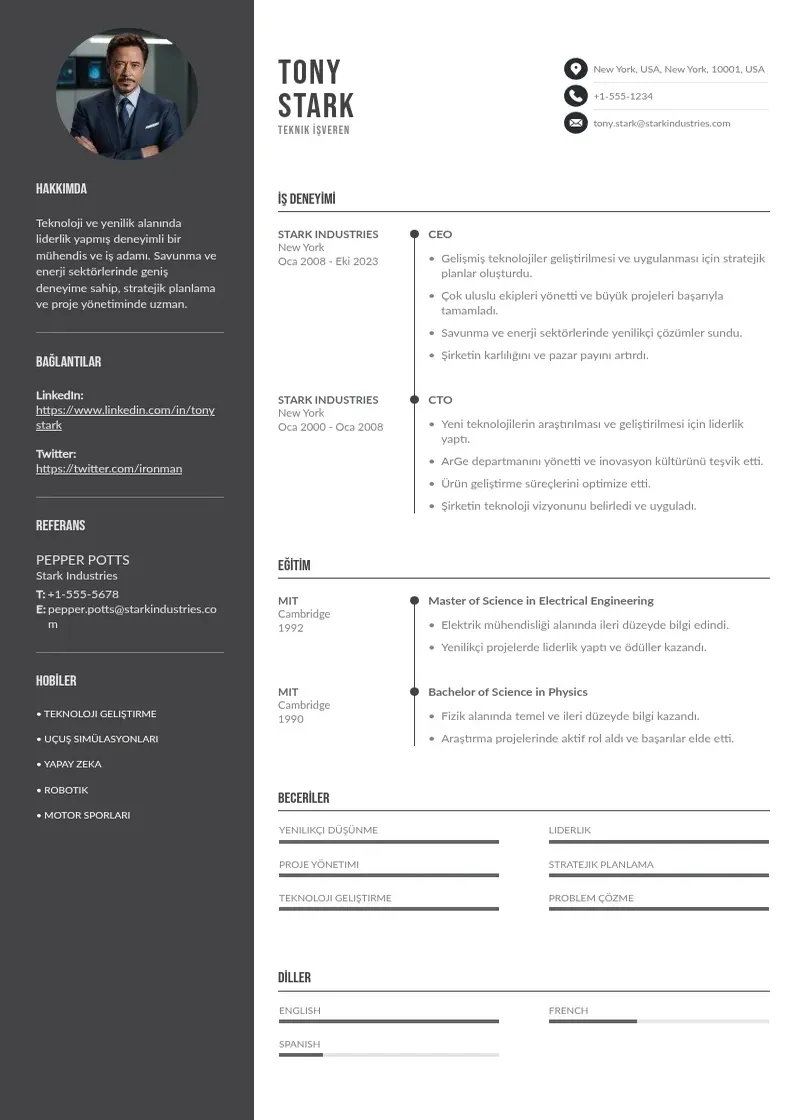 Divu kolonnu Teknik İşveren  CV piemērs