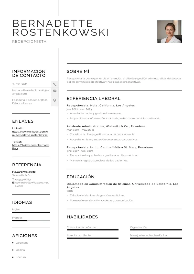 two column cv-recepcionista-de-entrada resume example