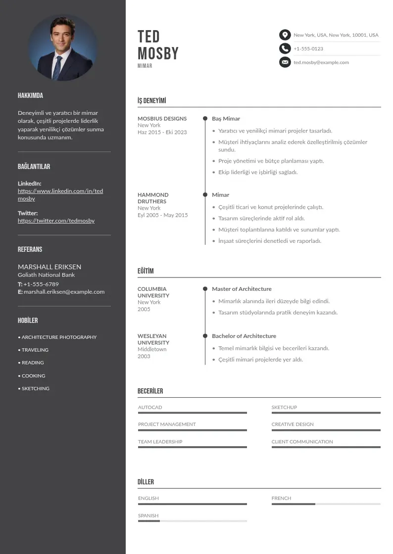 Divu kolonnu Mimar ozgecmis CV piemērs