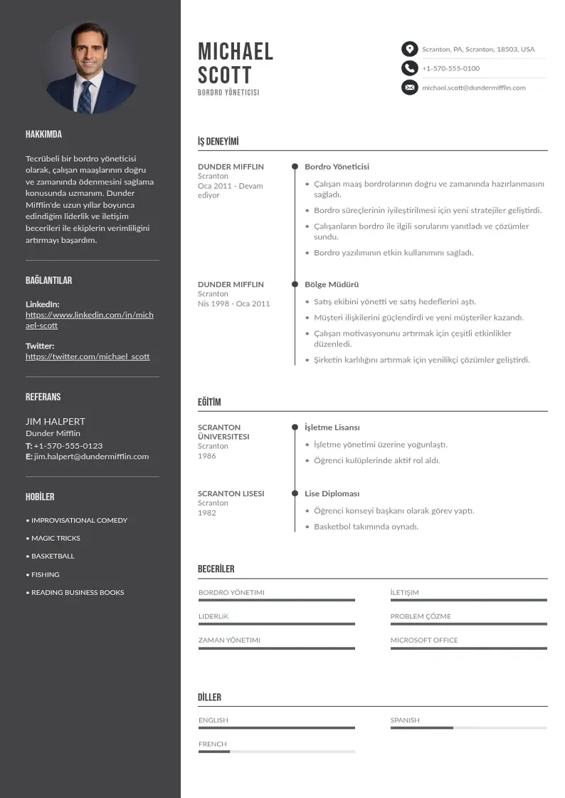 Divu kolonnu Bordro Yöneticisi  CV piemērs